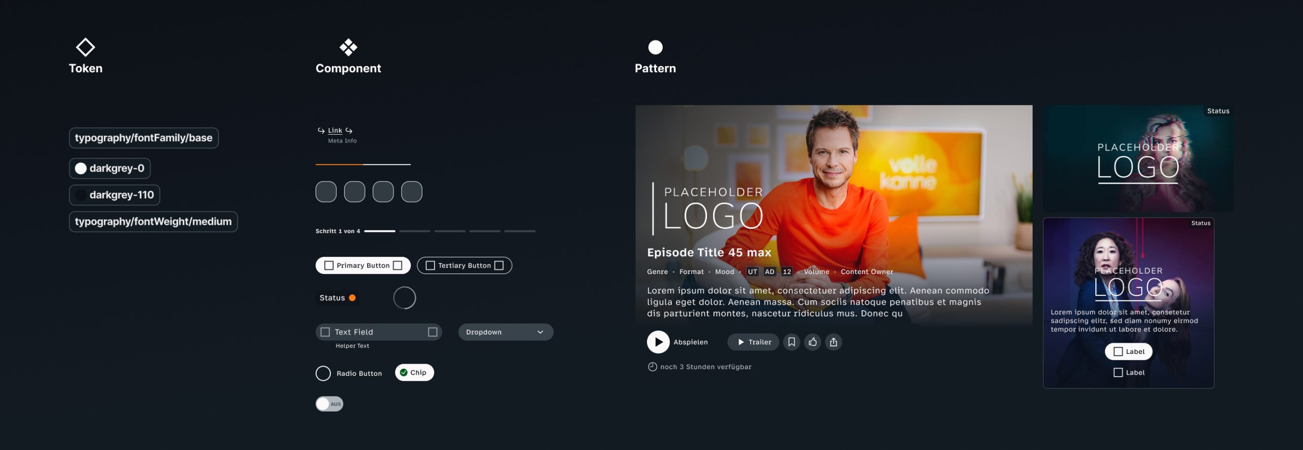ZDF DetLines Design System - Übersicht Tokens, Components, Patterns